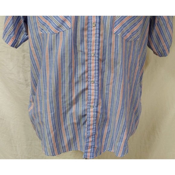 Plains Western Wear Mens Large Blue Red Stripe Pearl Snap Short Sleeve Shirt - Picture 4 of 11